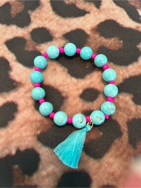 Hand Crafted Turquoise & Hot Pink Beaded Bracelet with Tassel
